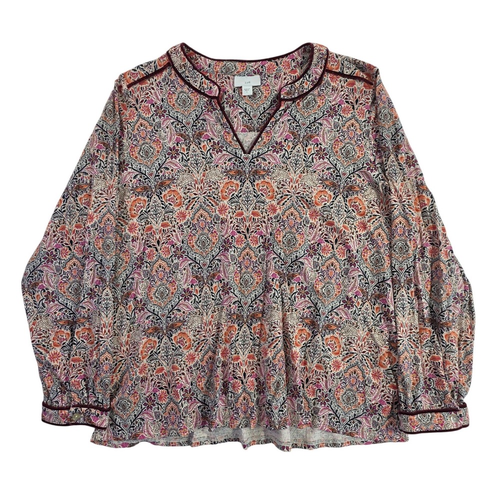 J. Jill Womens Large Paisley Floral V-Neck Blouse Velvet Trim Long Sleeve Top